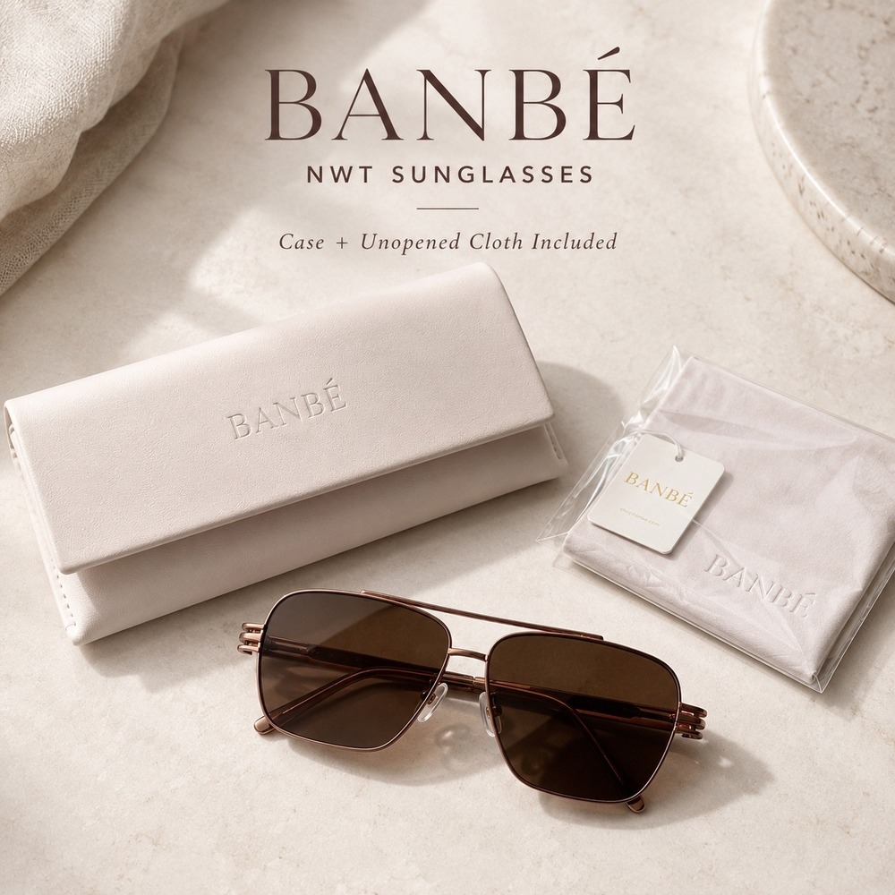 Banbé NWT Brown Lens Rose Gold Metal Aviator Sunglasses w Case Cloth Holder